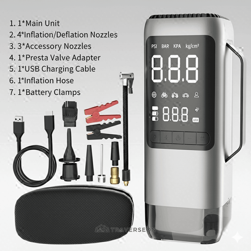 9-in-1 Car Emergency Tool – Jump Starter, Tire Inflator, Vacuum Cleaner | Traverseon