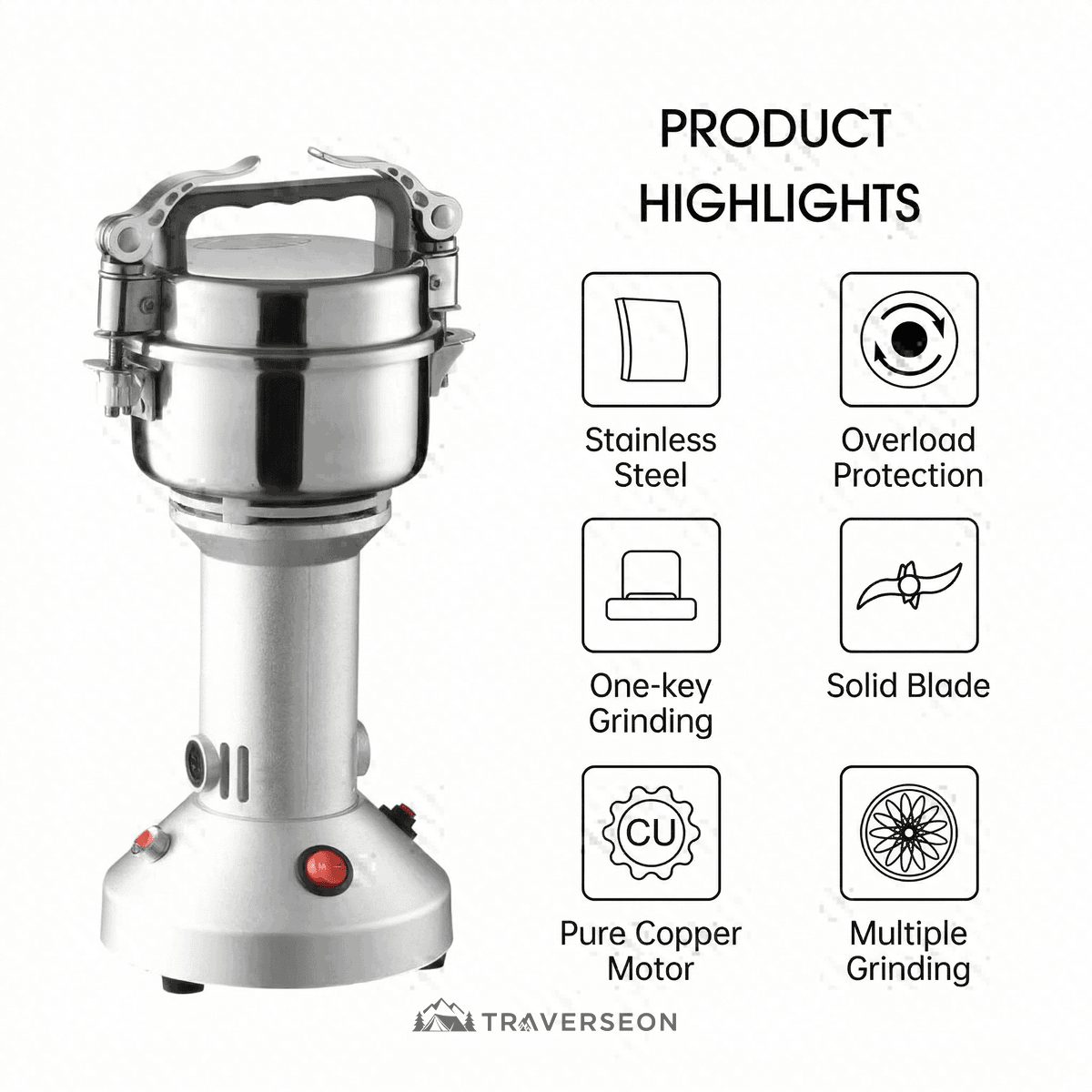 150g/350g Electric Kitchen Grinder – High-Speed Spice & Grain Mill | Traverseon