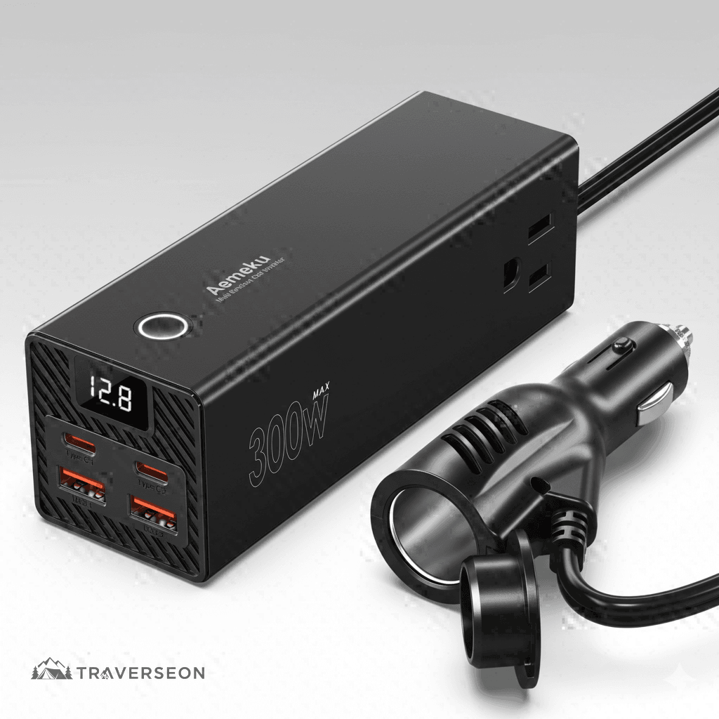 300W Car Power Inverter, 12V/24V to 110V, 2 AC Outlets + 4 USB Fast Charging Ports | Traverseon