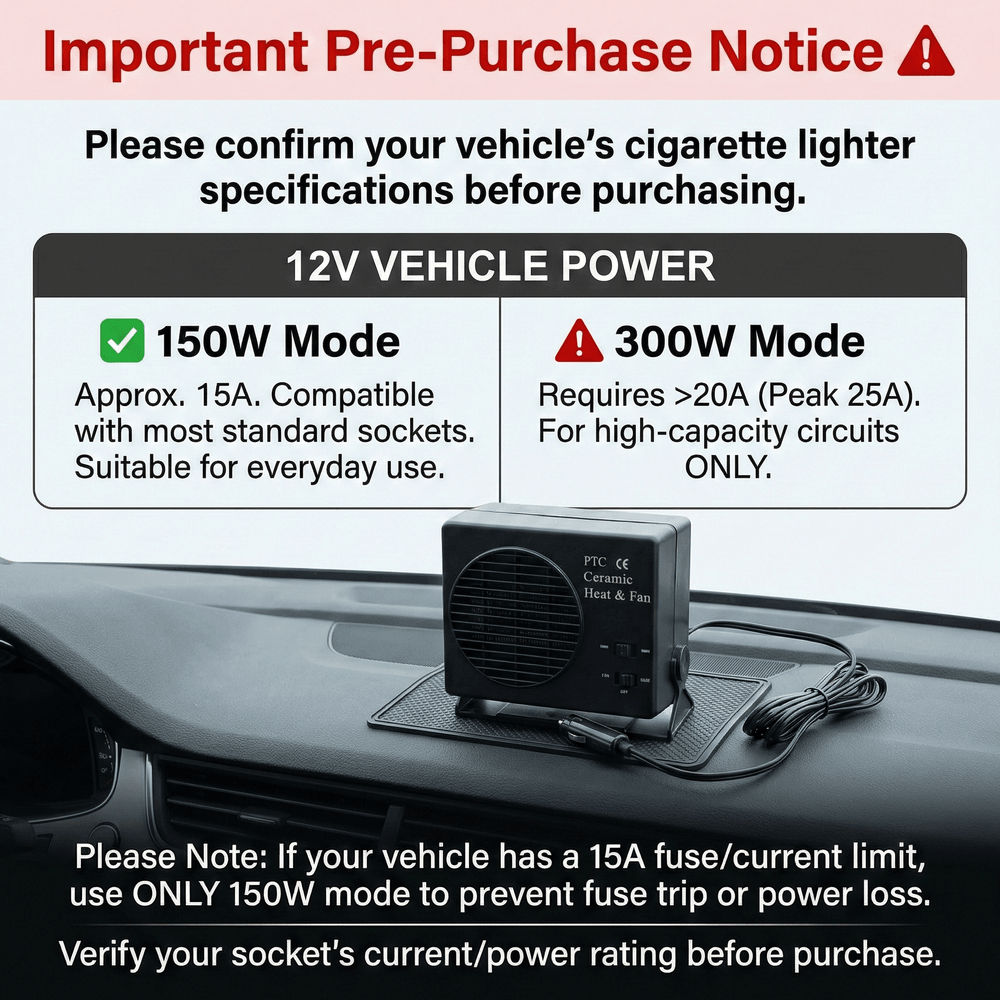 Heater Car 12V Portable Defroster – 150W/300W Cool-Warm PTC Ceramic Fan for Sedans, SUVs | Traverseon