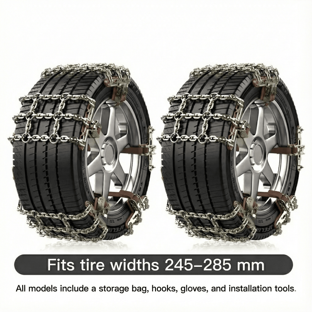 Snow Chains for Car Tires – Alloy Grid, Jack-Free Install | Traverseon