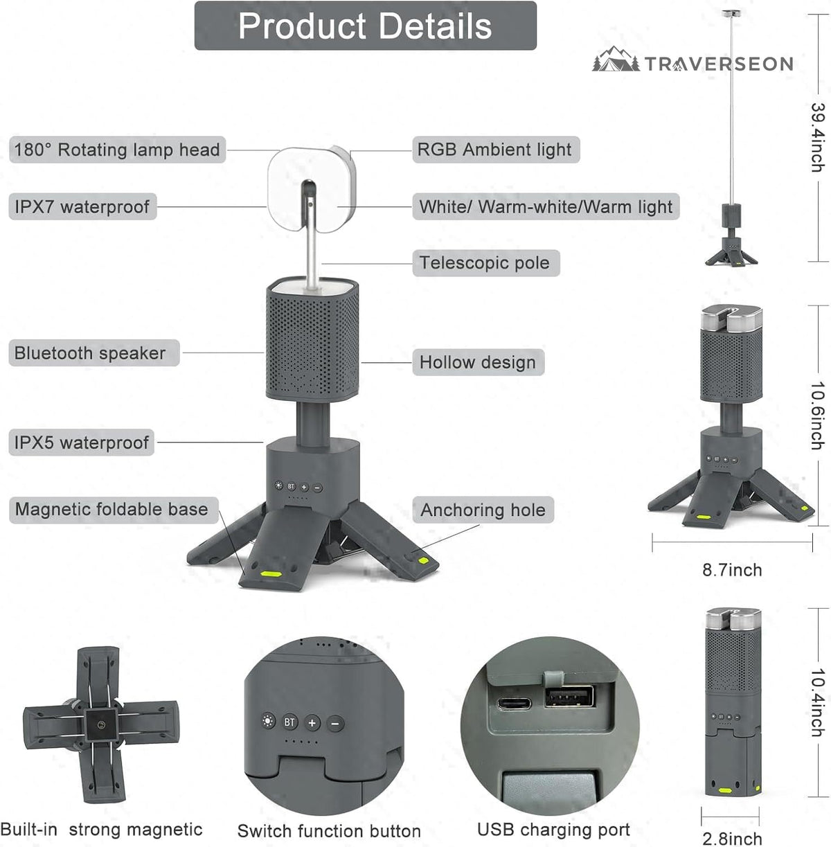 14000mAh Rechargeable Telescopic Camping Lantern with Bluetooth Speaker | Traverseon