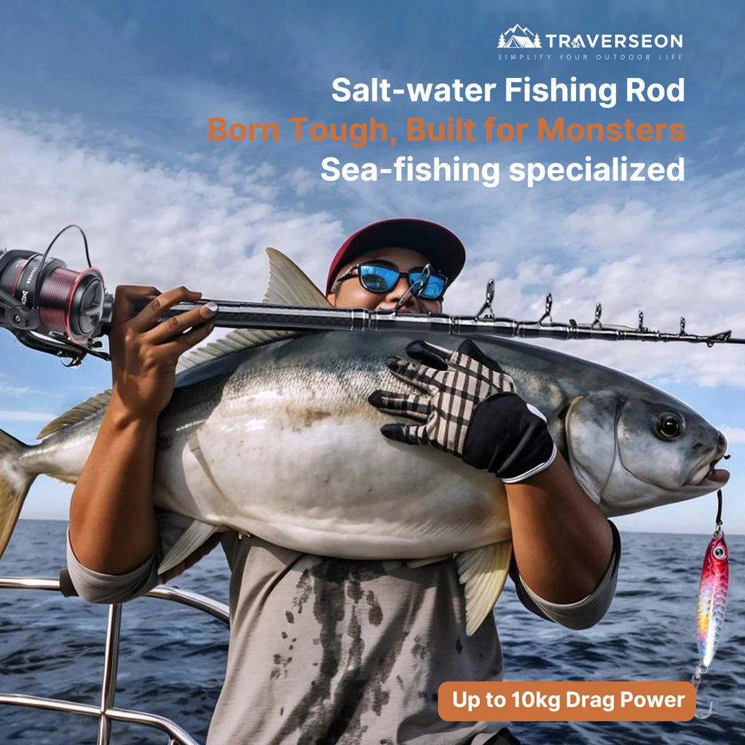 Saltwater Spinning Fishing Rod β 10kg Drag, Compact Carbon Fiber | Traverseon