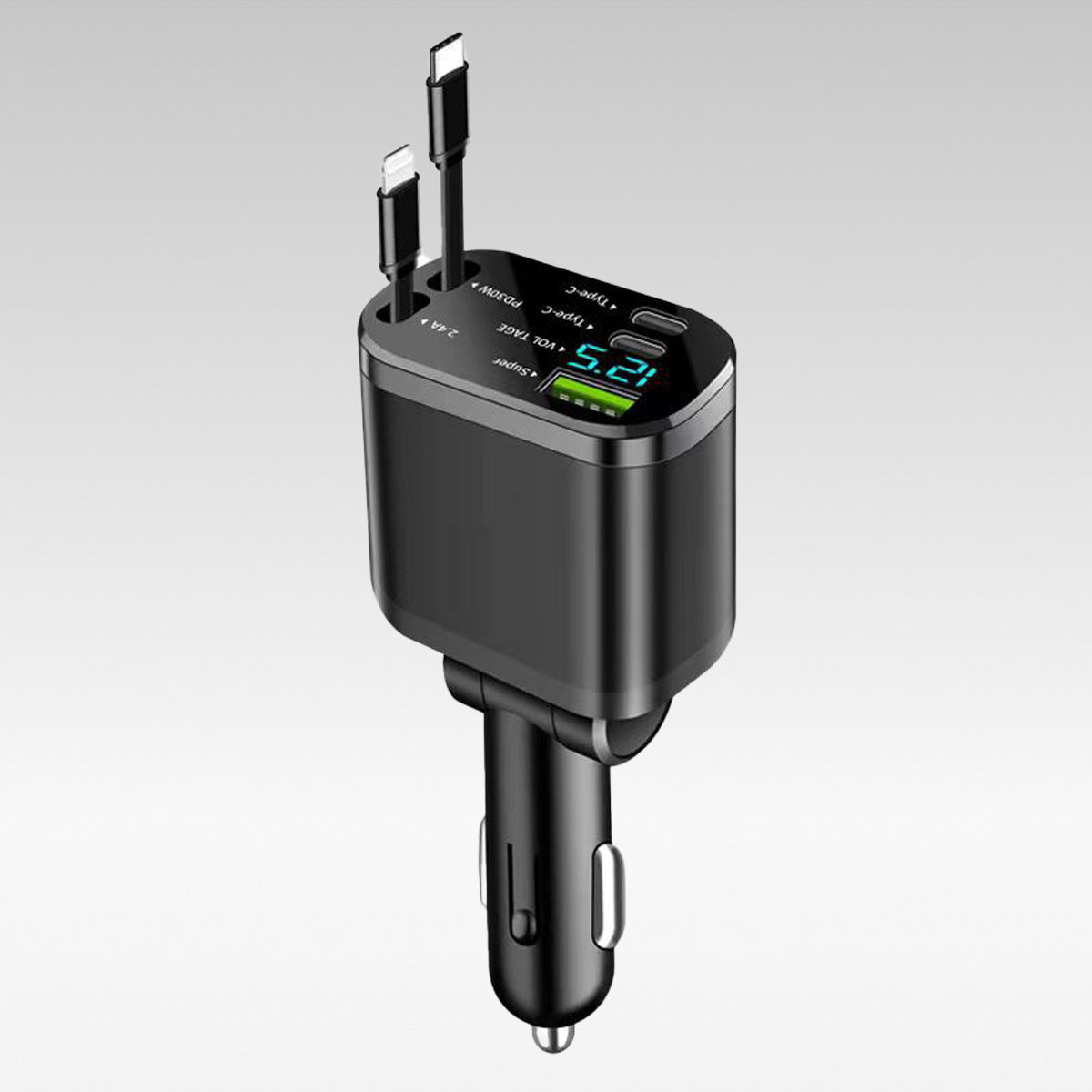 120W 5-in-1 Retractable Car Charger – 70cm Dual Cables, 30W USB-C PD | Traverseon