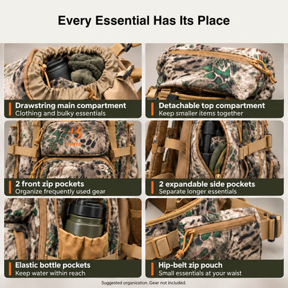 Traverseon 65.5 L/4000 cu in Load Reducing Camo Hunting Backpack With Rain Cover