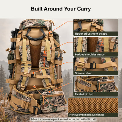 Traverseon 65.5 L/4000 cu in Load Reducing Camo Hunting Backpack With Rain Cover