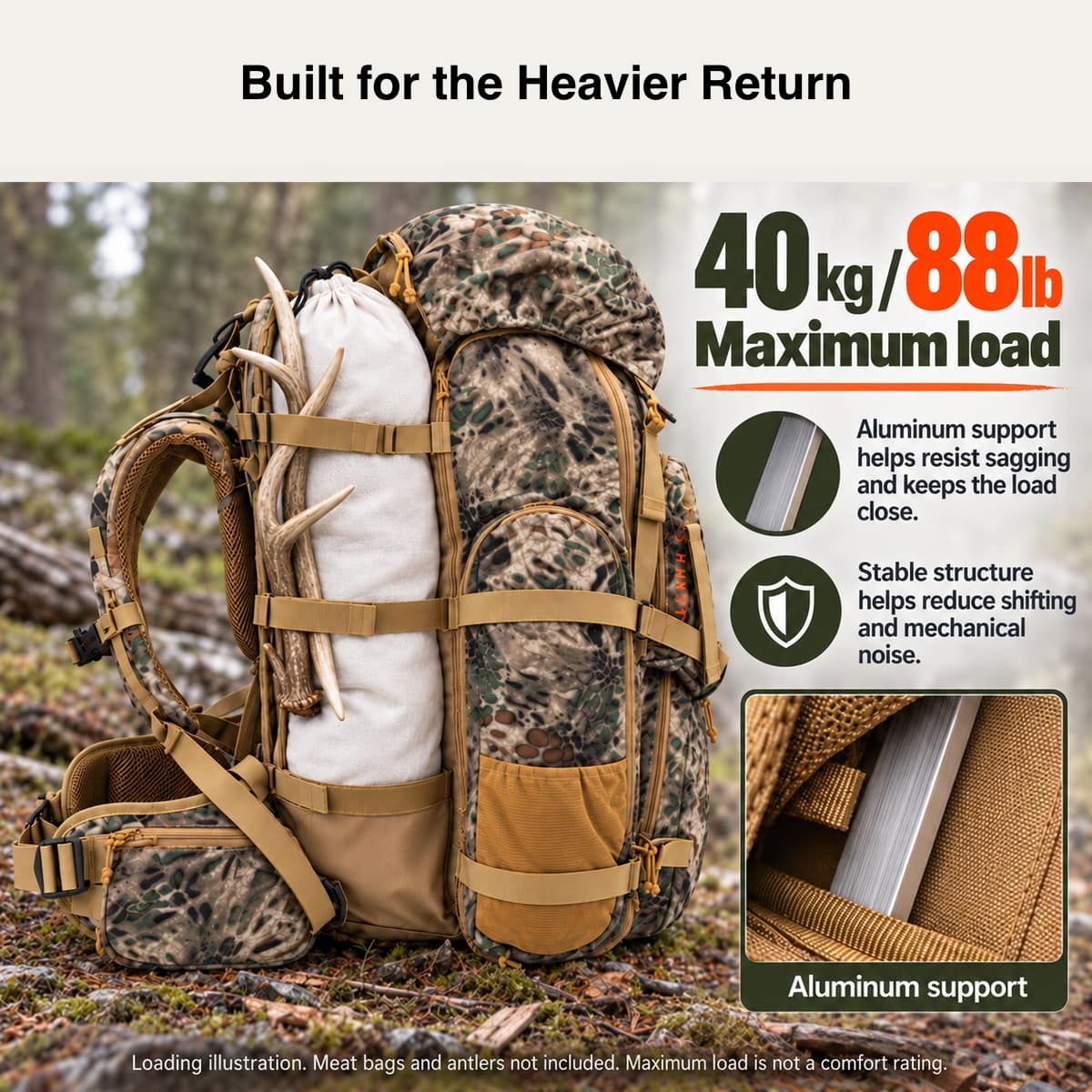 Traverseon 65.5 L/4000 cu in Load Reducing Camo Hunting Backpack With Rain Cover