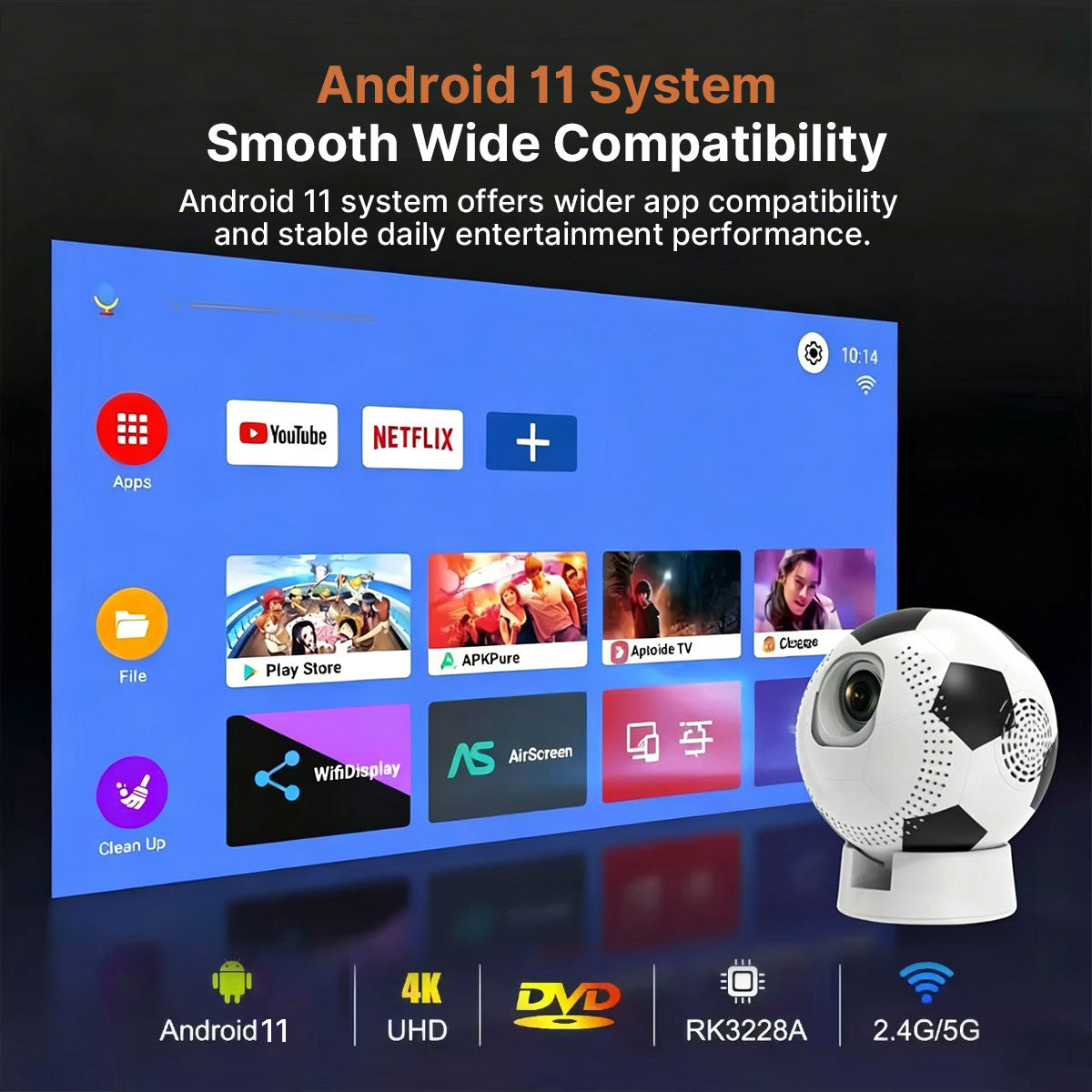 Soccer-Shaped Smart Projector – 360° WiFi6 Home Theater | Traverseon