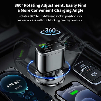120W 5-in-1 Retractable Car Charger – 70cm Dual Cables, 30W USB-C PD | Traverseon
