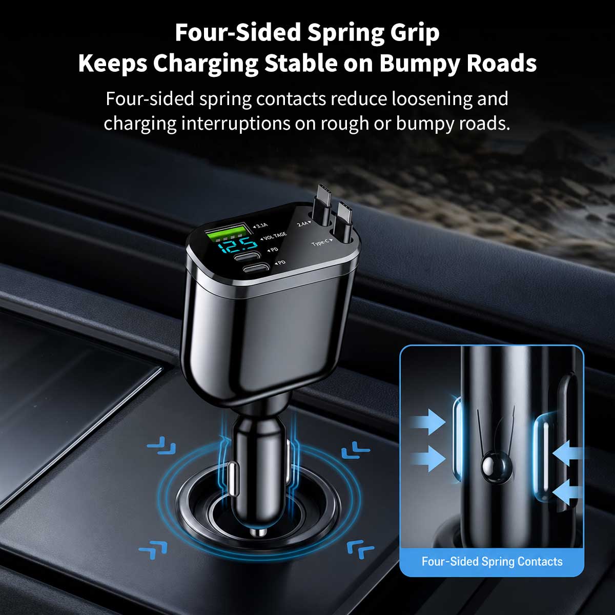 120W 5-in-1 Retractable Car Charger – 70cm Dual Cables, 30W USB-C PD | Traverseon