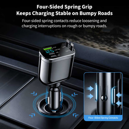 120W 5-in-1 Retractable Car Charger – 70cm Dual Cables, 30W USB-C PD | Traverseon