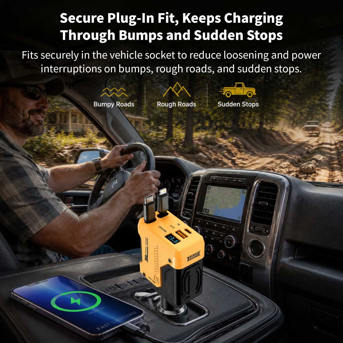 120W 4-in-1 Retractable Car Charger – 70 cm Dual Cables Fast Charge | Traverseon