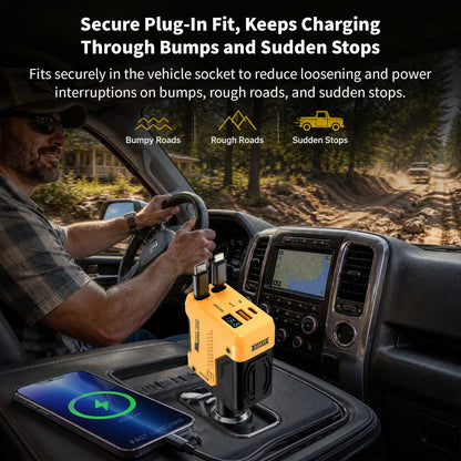 120W 4-in-1 Retractable Car Charger – 70 cm Dual Cables Fast Charge | Traverseon