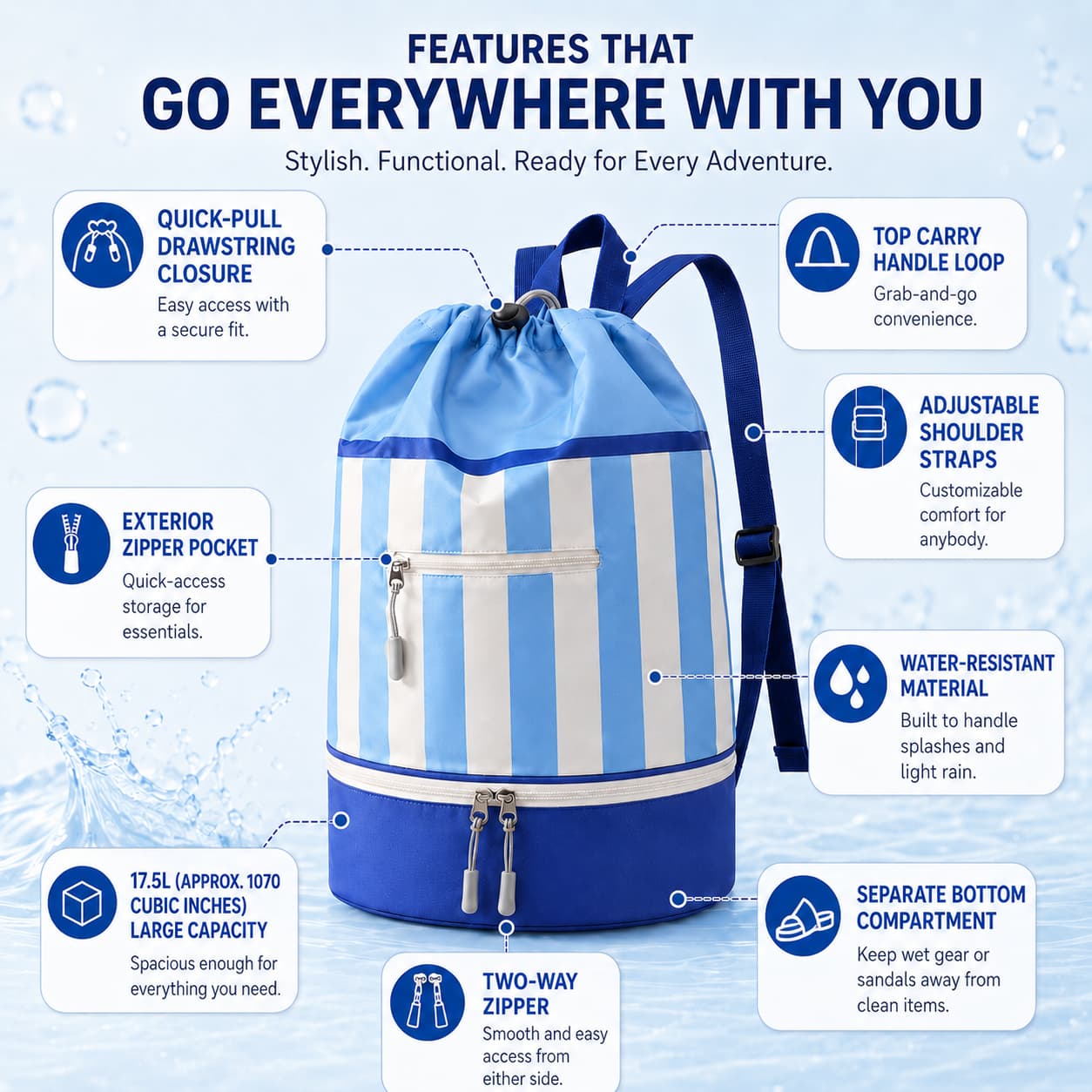 17.5L Wet Dry Drawstring Swim Bag – Bottom Compartment Pool Bag | Traverseon