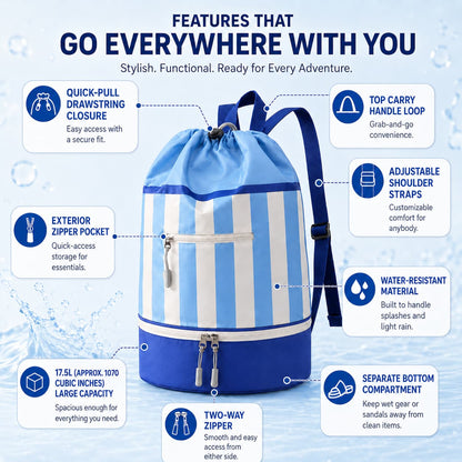 17.5L Wet Dry Drawstring Swim Bag – Bottom Compartment Pool Bag | Traverseon