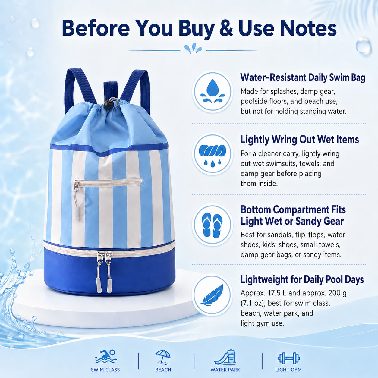 17.5L Wet Dry Drawstring Swim Bag – Bottom Compartment Pool Bag | Traverseon