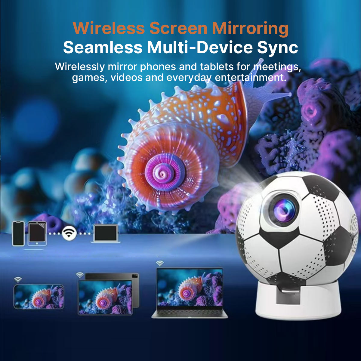 Soccer-Shaped Smart Projector – 360° WiFi6 Home Theater | Traverseon