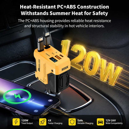 120W 4-in-1 Retractable Car Charger – 70 cm Dual Cables Fast Charge | Traverseon