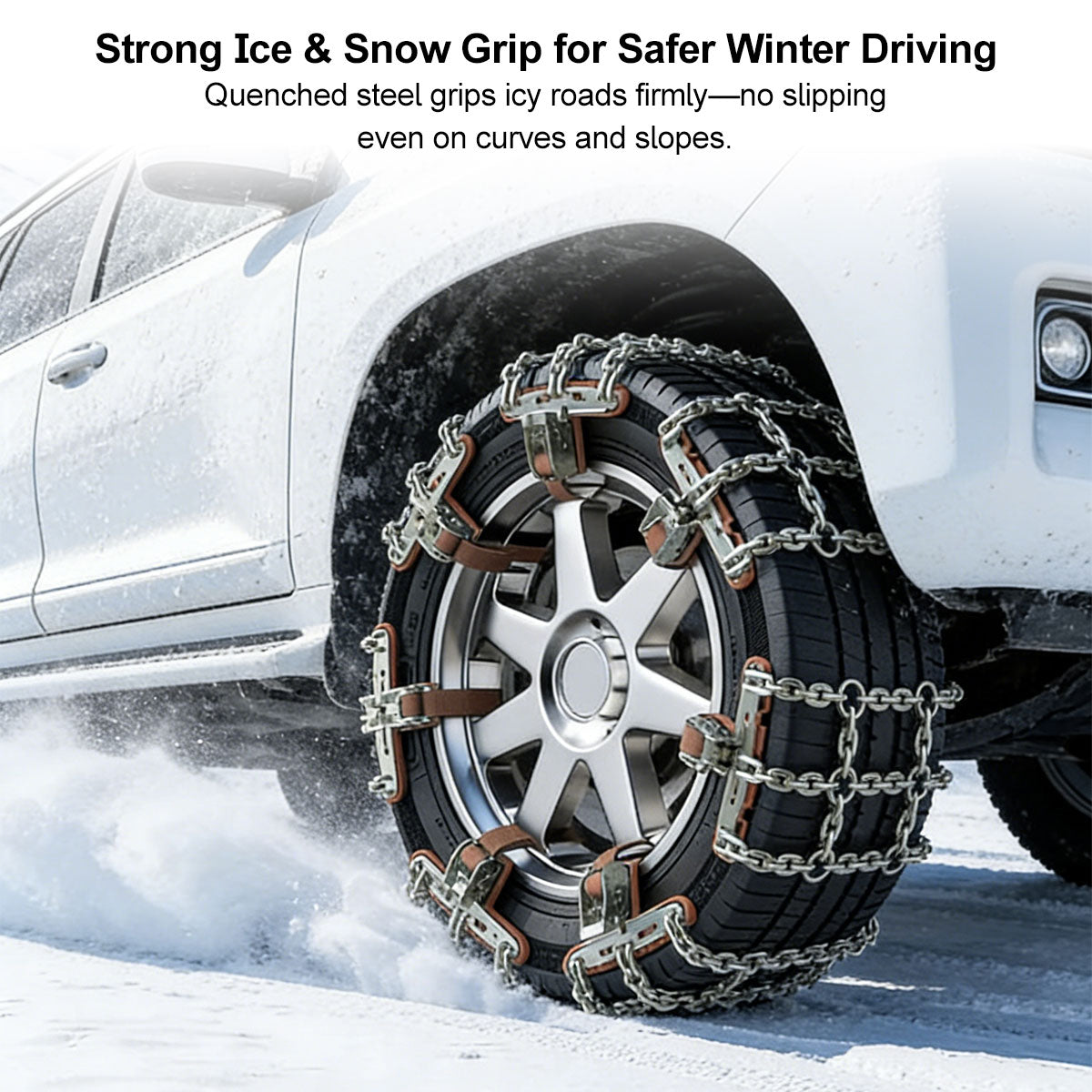 Snow Chains for Car Tires – Alloy Grid, Jack-Free Install | Traverseon