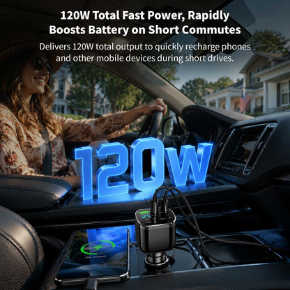 120W 5-in-1 Retractable Car Charger – 70cm Dual Cables, 30W USB-C PD | Traverseon
