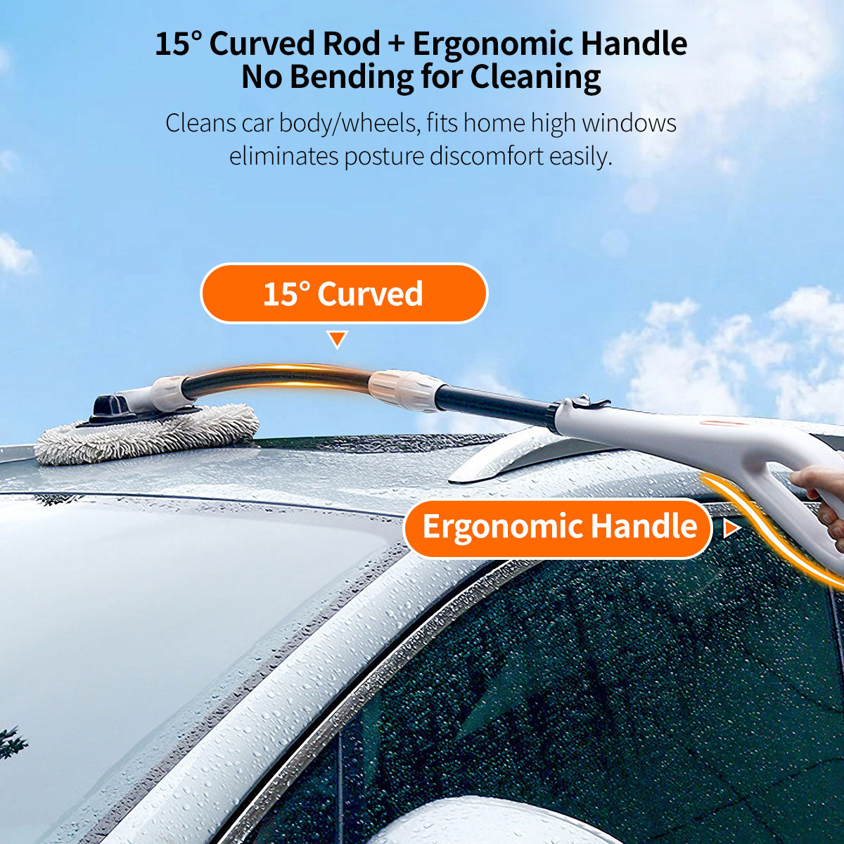Car Wash Mop – 180° Head, Curved Ergonomic Handle for Scratch-Free Cleaning | Traverseon