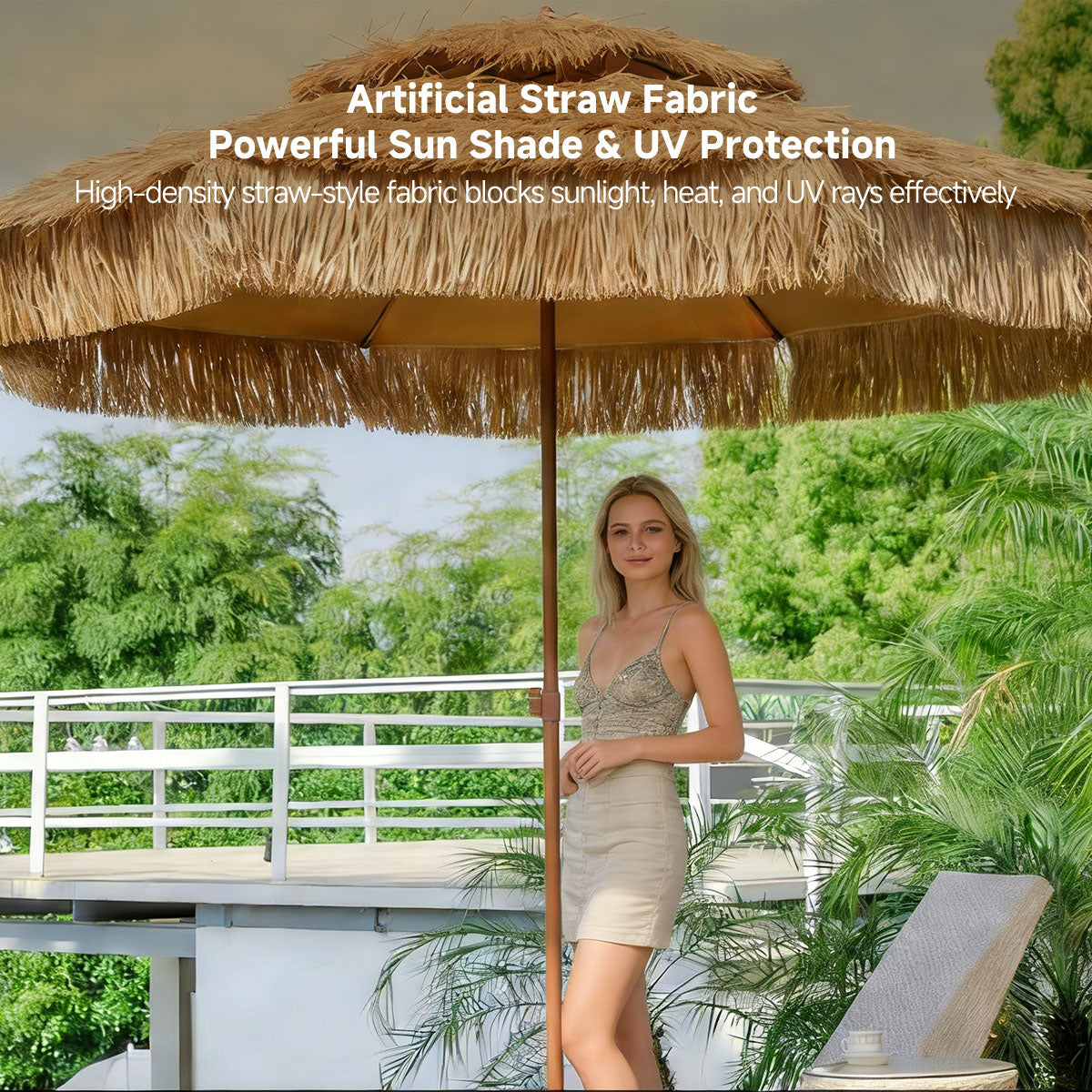 Straw Patio Umbrella – 2M/2.4M DoubleTop Anti-Pinch Tiltable Waterproof Deck Backyard Pool Garden | Traverseon