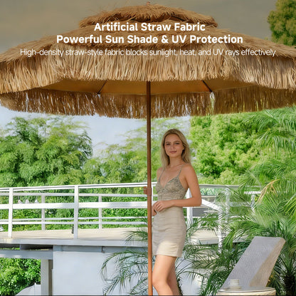 Straw Patio Umbrella – 2M/2.4M DoubleTop Anti-Pinch Tiltable Waterproof Deck Backyard Pool Garden | Traverseon
