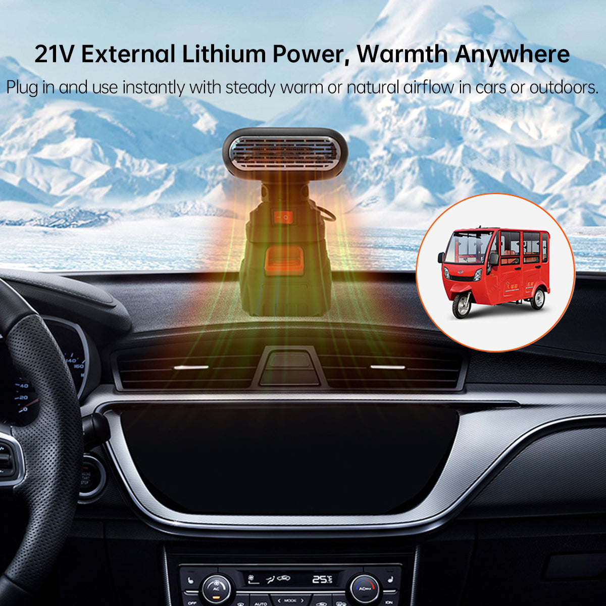 Portable Car Heater–3s Instant Heat, External 21V, Fast Defrost | Traverseon