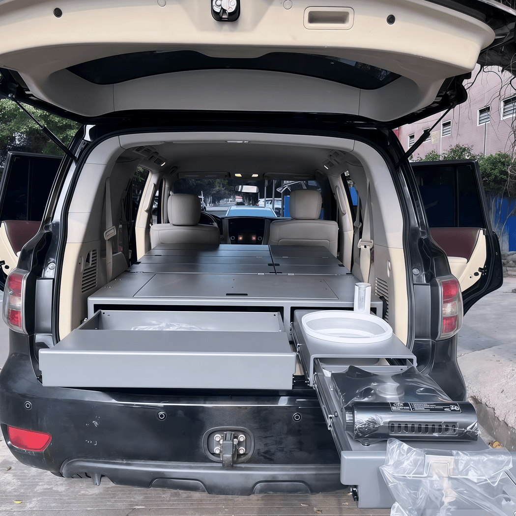 Professional grade modular SUV sleeping platform closed and ready for transit