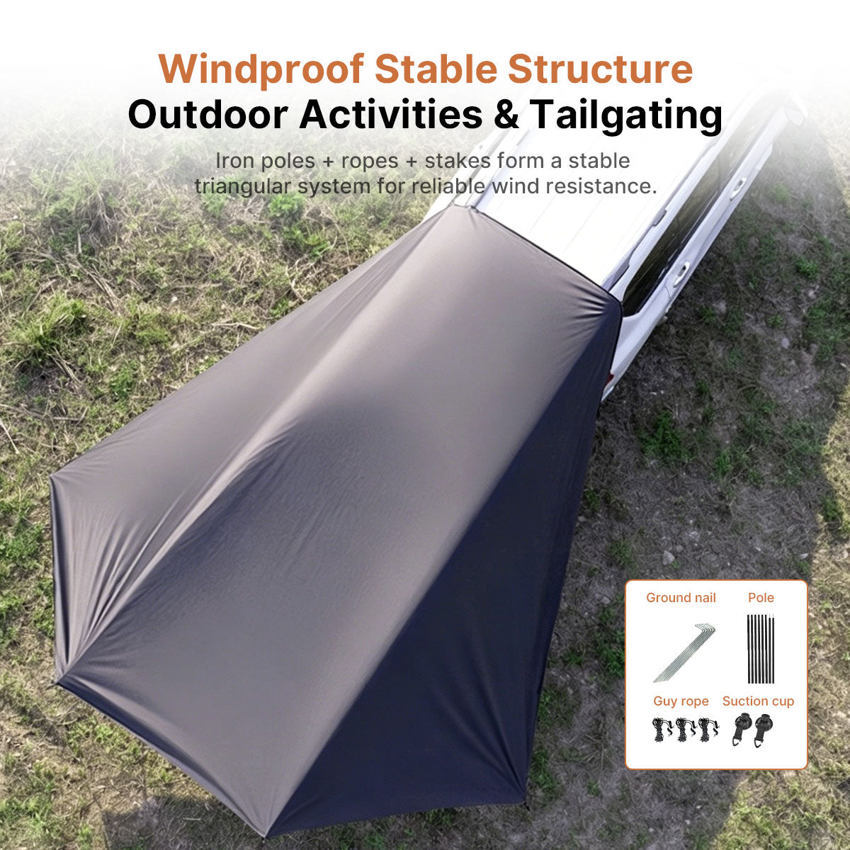 SideMount Dual-Use Car Awning — 2-in-1 Rear & Side Setup, Windproof Stable, All-Weather Portable | Traverseon