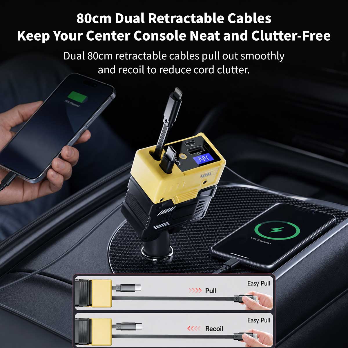 120W Retractable Car Charger – 4-in-1 Dual Cables, 66W USB-C Fast Charge | Traverseon