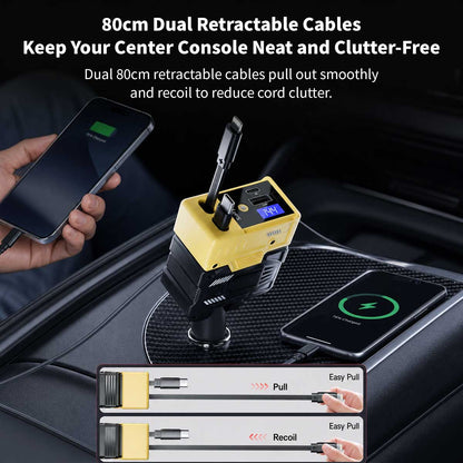 120W Retractable Car Charger – 4-in-1 Dual Cables, 66W USB-C Fast Charge | Traverseon