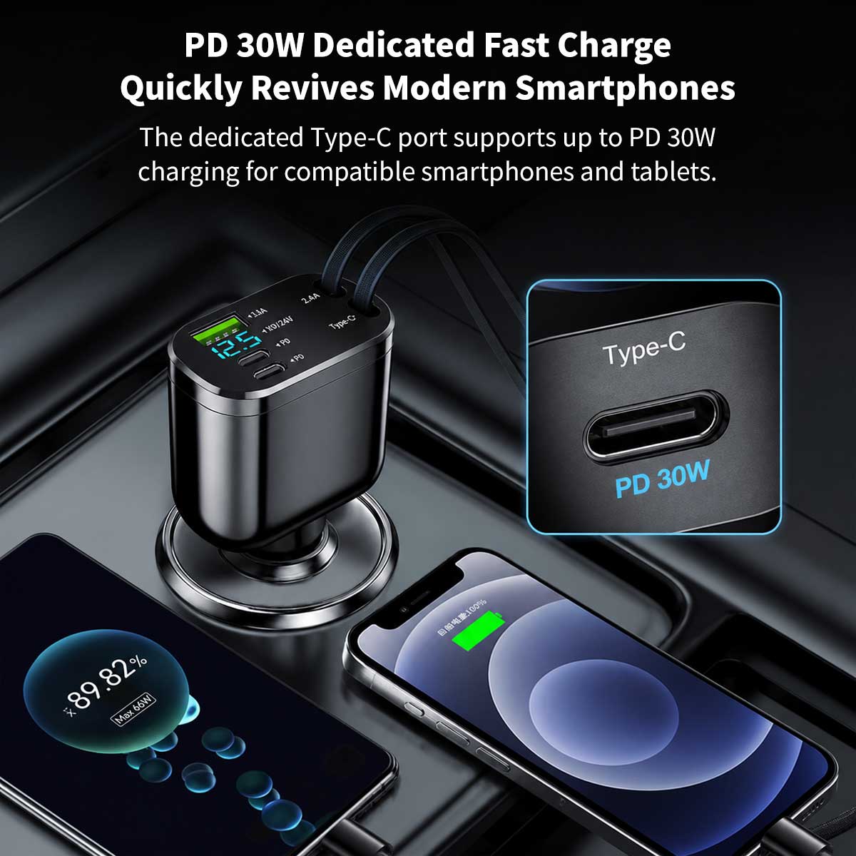 120W 5-in-1 Retractable Car Charger – 70cm Dual Cables, 30W USB-C PD | Traverseon