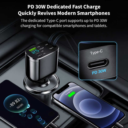 120W 5-in-1 Retractable Car Charger – 70cm Dual Cables, 30W USB-C PD | Traverseon
