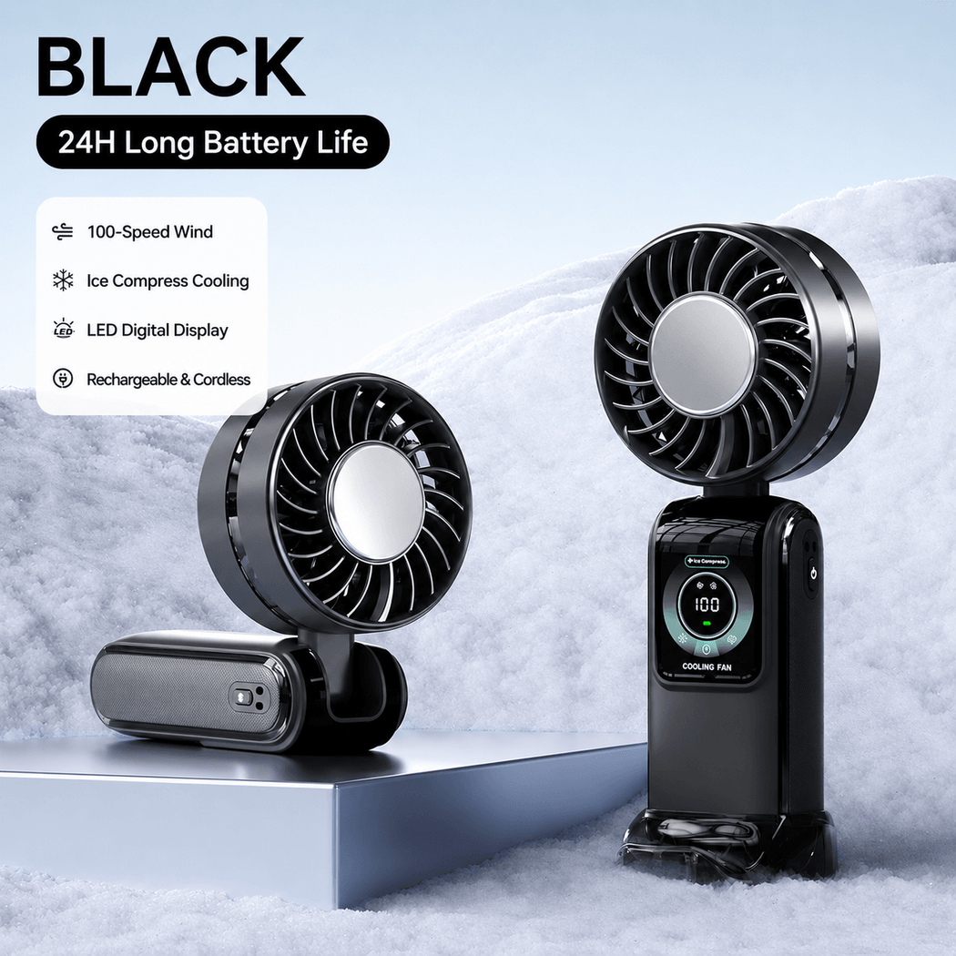 TEC Ice Compress 3-in-1 Handheld Fan - NTC Safe, 100-Speed, LED Digital Display, 3600mAh Portable Cooler|Traverseon