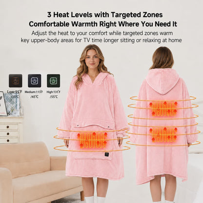 USB Heated Wearable Blanket Hoodie – 3-Zone Flannel Warmth | Traverseon