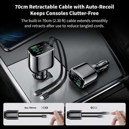 120W 5-in-1 Retractable Car Charger – 70cm Dual Cables, 30W USB-C PD | Traverseon