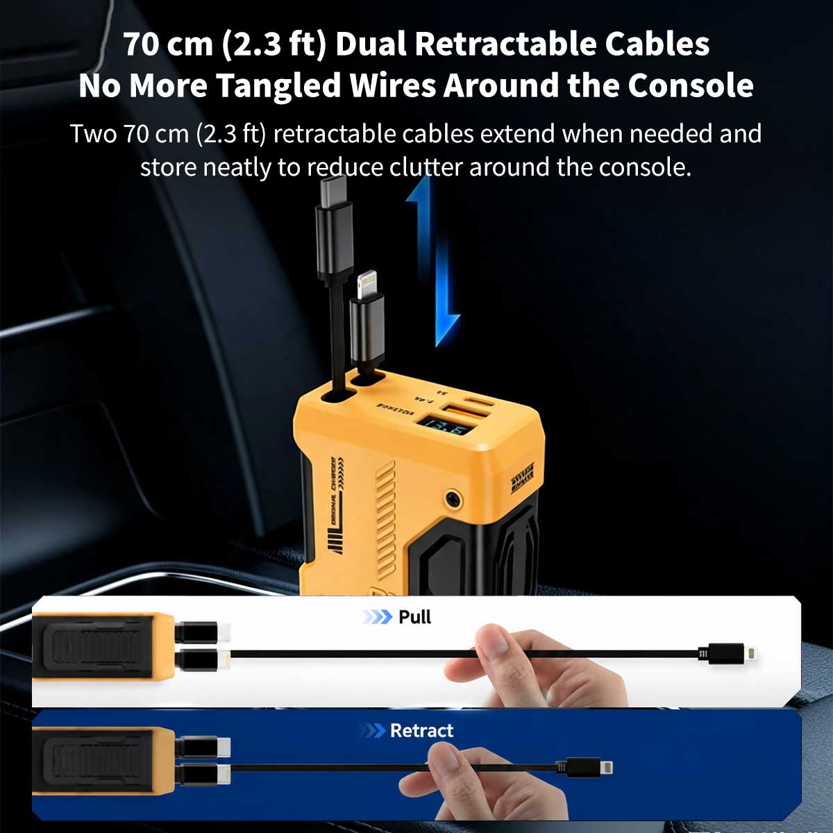 120W 4-in-1 Retractable Car Charger – 70 cm Dual Cables Fast Charge | Traverseon