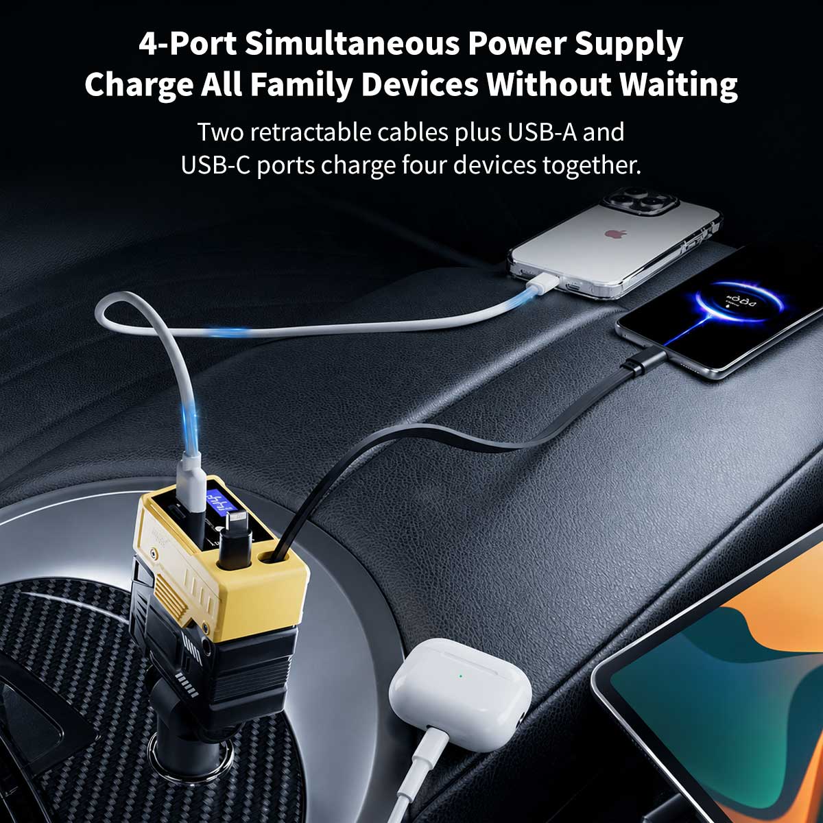 120W Retractable Car Charger – 4-in-1 Dual Cables, 66W USB-C Fast Charge | Traverseon