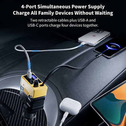120W Retractable Car Charger – 4-in-1 Dual Cables, 66W USB-C Fast Charge | Traverseon