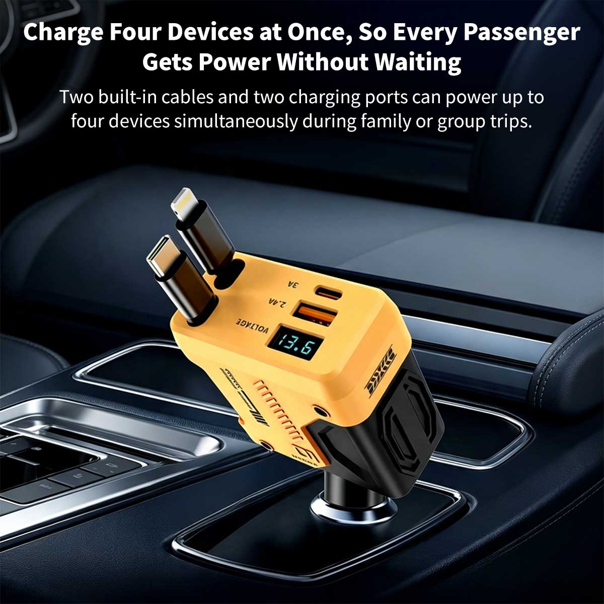 120W 4-in-1 Retractable Car Charger – 70 cm Dual Cables Fast Charge | Traverseon
