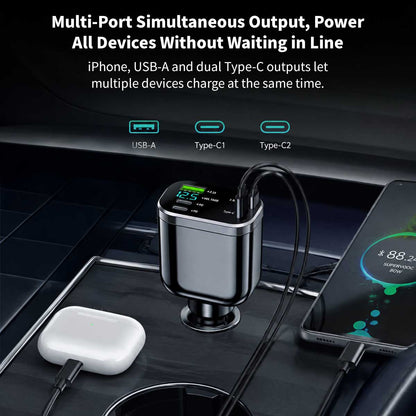 120W 5-in-1 Retractable Car Charger – 70cm Dual Cables, 30W USB-C PD | Traverseon