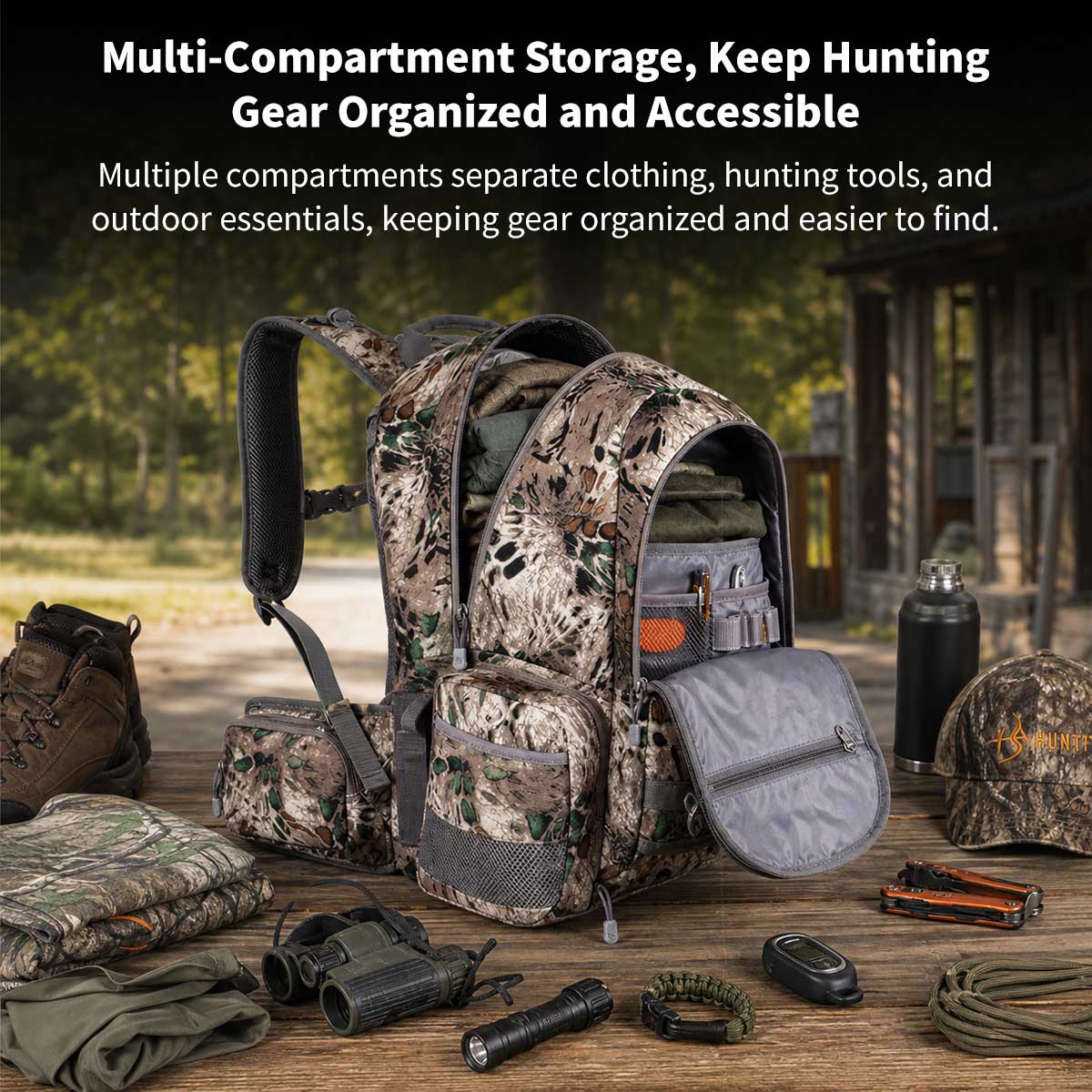 Waterproof Camo Hunting Backpack – Rifle & Bow Holder, 1.40 kg(3.08 lb) | Traverseon