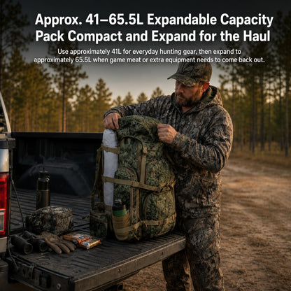 65.5L Camo Framed Hunting Backpack – 88 lb Max Load Meat Hauler | Traverseon