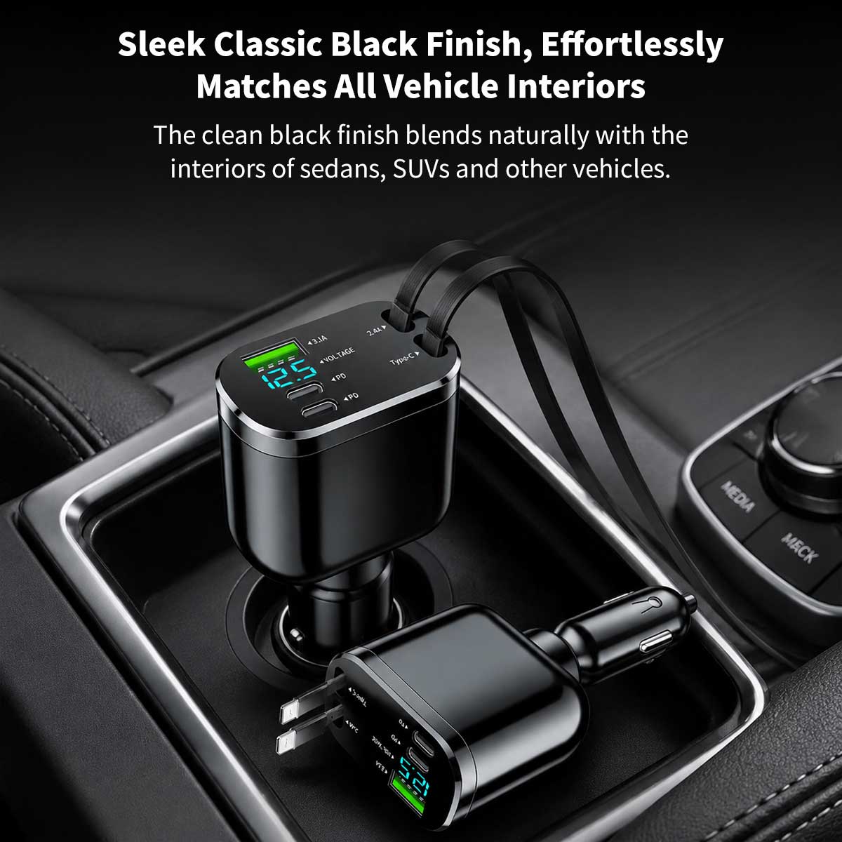 120W 5-in-1 Retractable Car Charger – 70cm Dual Cables, 30W USB-C PD | Traverseon