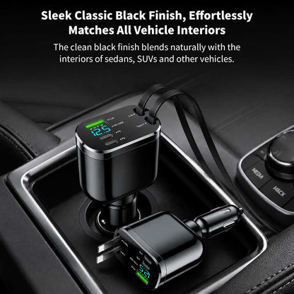 120W 5-in-1 Retractable Car Charger – 70cm Dual Cables, 30W USB-C PD | Traverseon