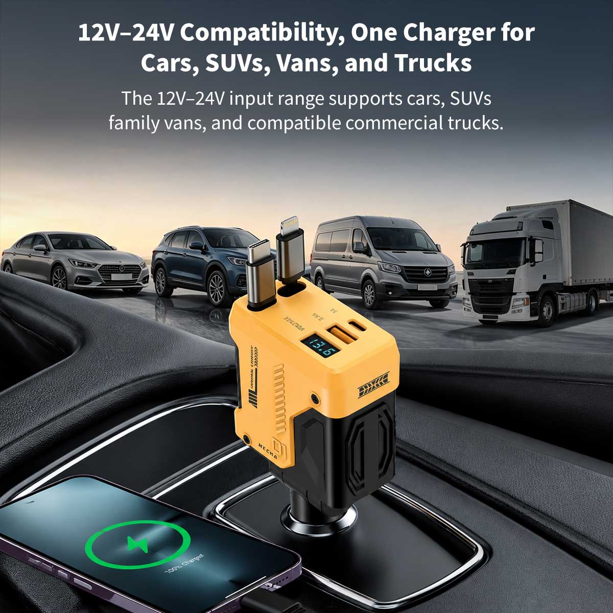 120W 4-in-1 Retractable Car Charger – 70 cm Dual Cables Fast Charge | Traverseon