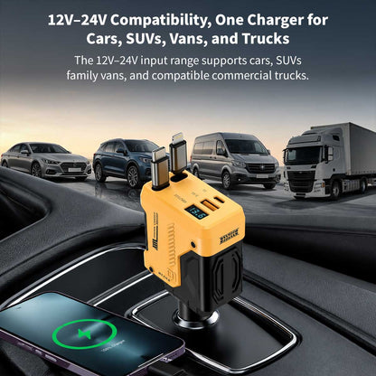 120W 4-in-1 Retractable Car Charger – 70 cm Dual Cables Fast Charge | Traverseon