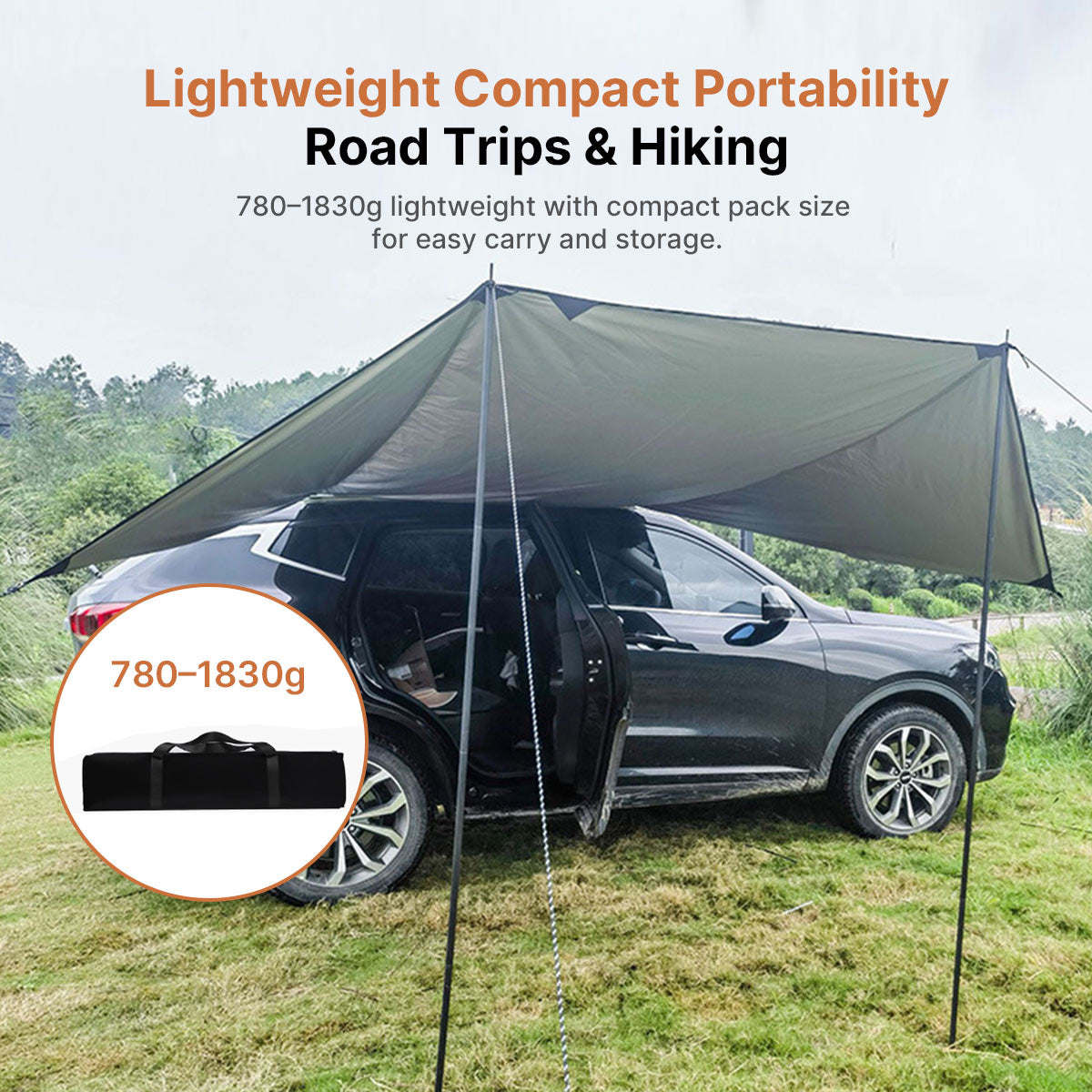 SideMount Dual-Use Car Awning — 2-in-1 Rear & Side Setup, Windproof Stable, All-Weather Portable | Traverseon