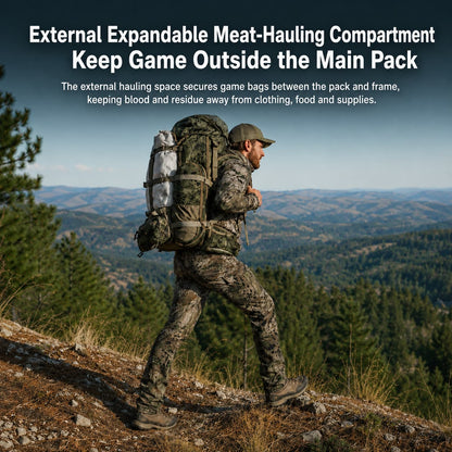 65.5L Camo Framed Hunting Backpack – 88 lb Max Load Meat Hauler | Traverseon
